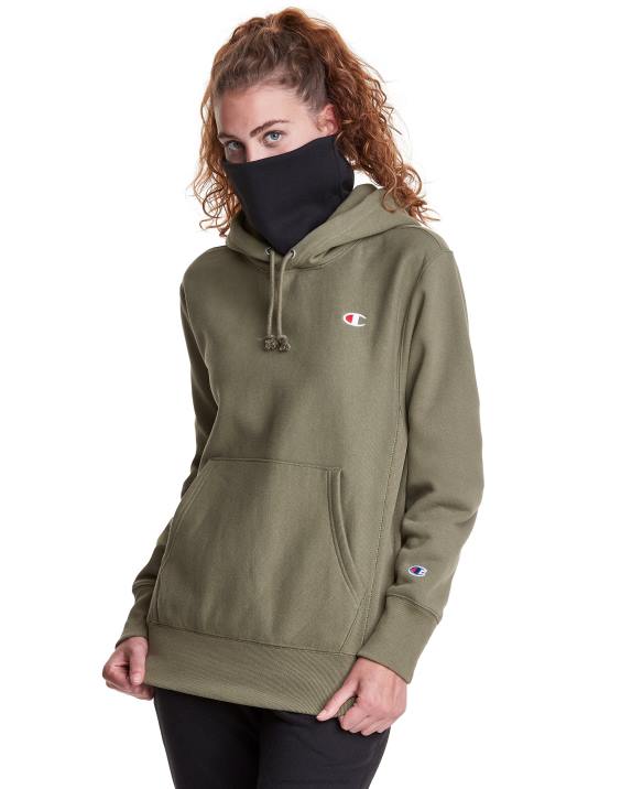 Champion moški Pulover s kapuco v vzvratnem tkanju serije clab defender z dvema snemljivima maskama z rutami 2B84112 tovorna oljka