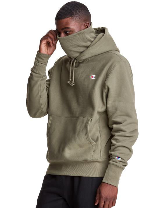 Champion moški Pulover s kapuco v vzvratnem tkanju serije clab defender z dvema snemljivima maskama z rutami 2B84112 tovorna oljka
