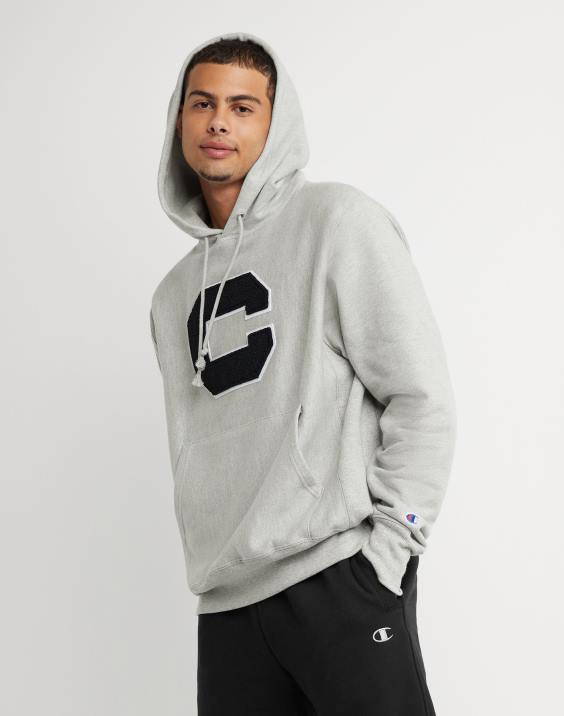 Champion moški Pulover s kapuco v vzvratnem tkanju z vezenim blokom c 2B84165 oksford siva