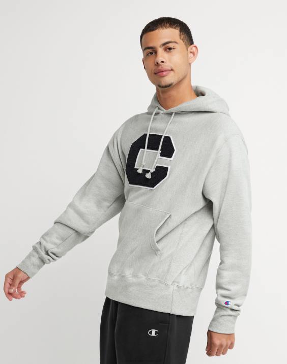 Champion moški Pulover s kapuco v vzvratnem tkanju z vezenim blokom c 2B84165 oksford siva