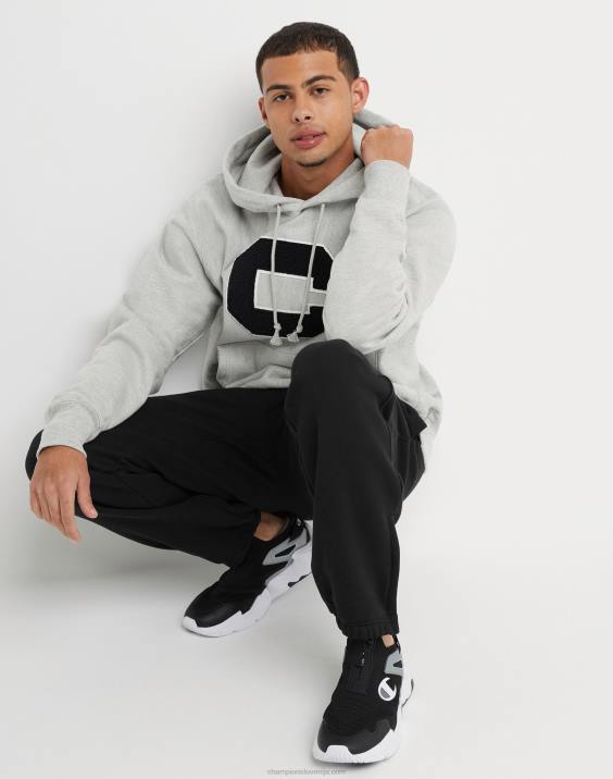 Champion moški Pulover s kapuco v vzvratnem tkanju z vezenim blokom c 2B84165 oksford siva