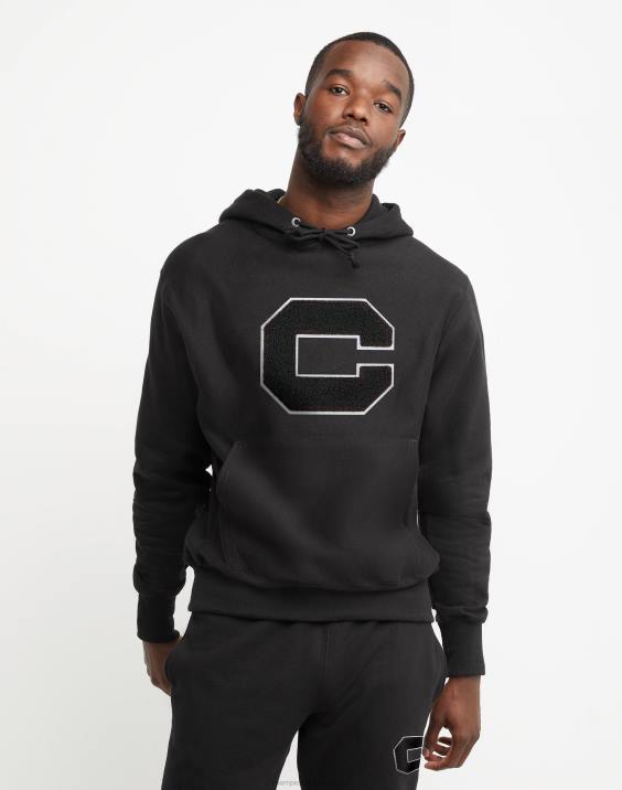 Champion moški Pulover s kapuco v vzvratnem tkanju z vezenim blokom c 2B84166 Črna