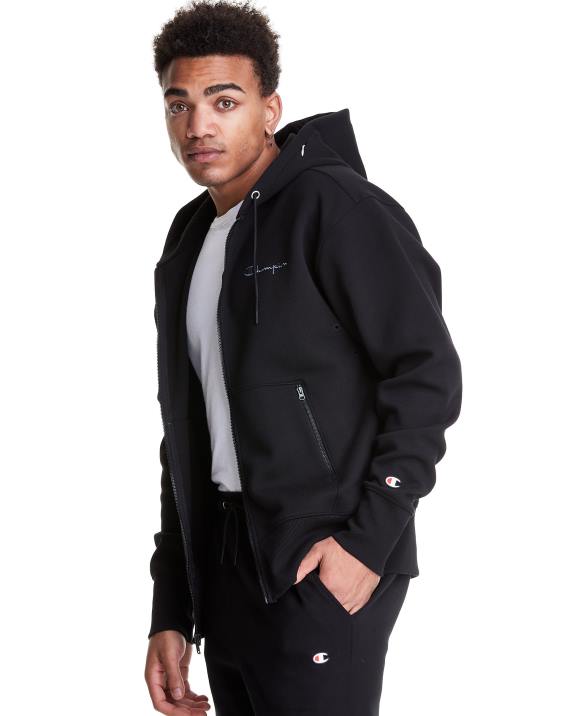 Champion moški flex pulover s kapuco s polno zadrgo in vezenim pisnim logotipom 2B84151 Črna