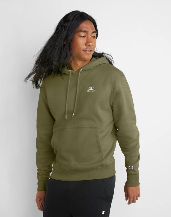 Champion moški klasičen pulover s kapuco iz flisa z vezenim logotipom c 2B84148 tovorna oljka