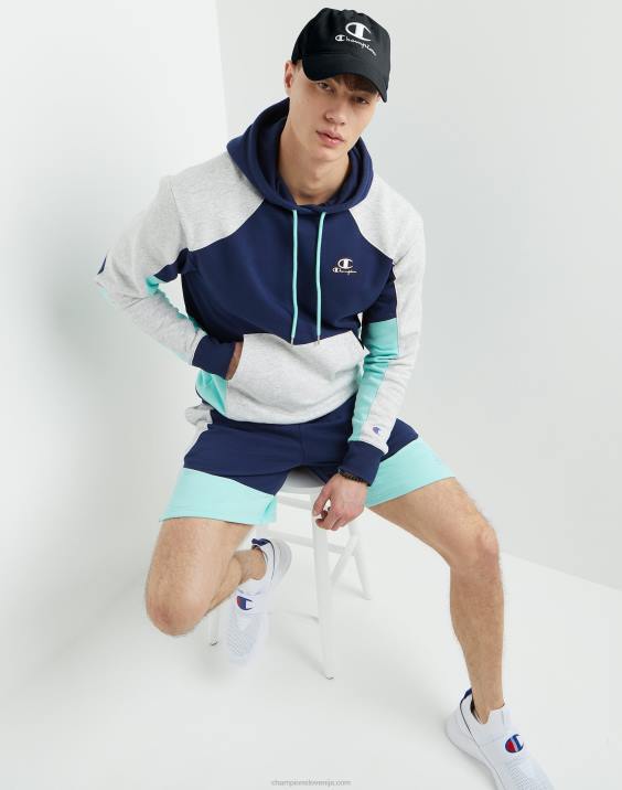 Champion moški klasični pulover s kapuco iz barvnega flisa 2B845 mornarsko modra/kamena smetana/čista meta