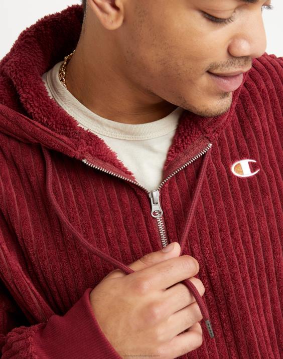 Champion moški pulover iz flisa z visokimi lasmi in s kapuco s kapuco. c logotip 2B84164 kardinal