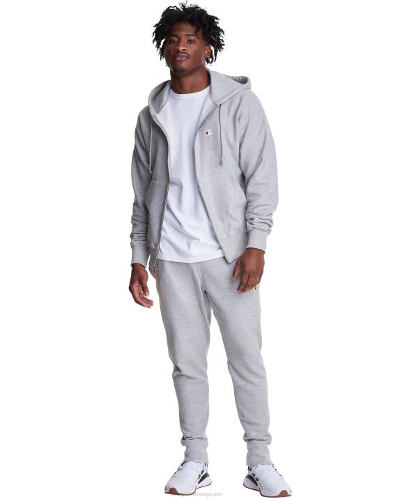 Champion moški pulover s kapuco s polno zadrgo v vzvratnem tkanju in vezenim logotipom c 2B8476 oksford siva