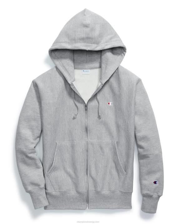 Champion moški pulover s kapuco s polno zadrgo v vzvratnem tkanju in vezenim logotipom c 2B8476 oksford siva
