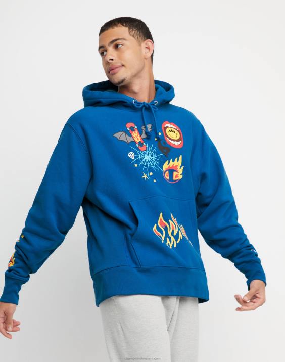 Champion moški pulover s kapuco z vzvratnim tkanjem bodi srečen 2B84128 živeti v modrem