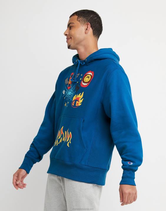 Champion moški pulover s kapuco z vzvratnim tkanjem bodi srečen 2B84128 živeti v modrem