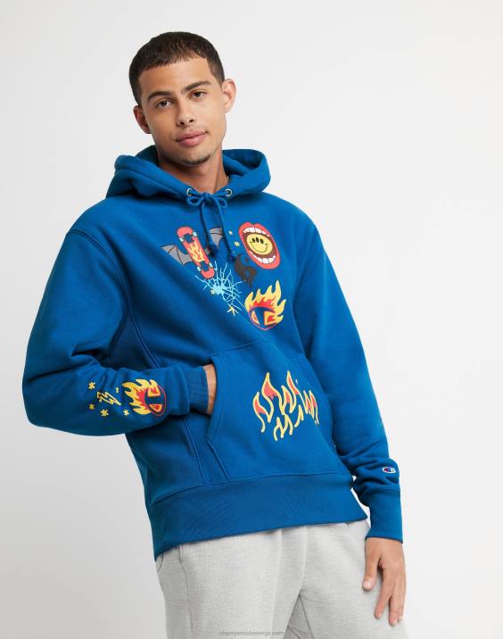 Champion moški pulover s kapuco z vzvratnim tkanjem bodi srečen 2B84128 živeti v modrem