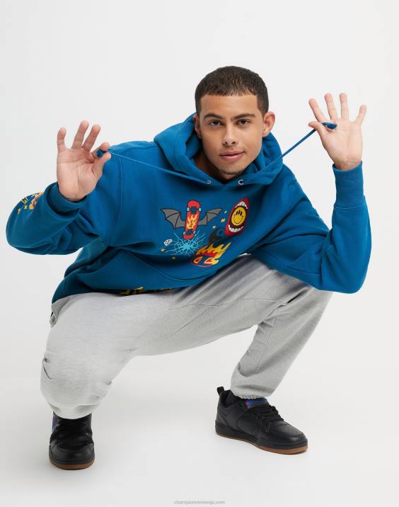Champion moški pulover s kapuco z vzvratnim tkanjem bodi srečen 2B84128 živeti v modrem