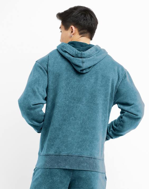 Champion moški pulover s kislinskim pranjem z valovitim logotipom 2B8443 kislo pranje čudovito turkizno