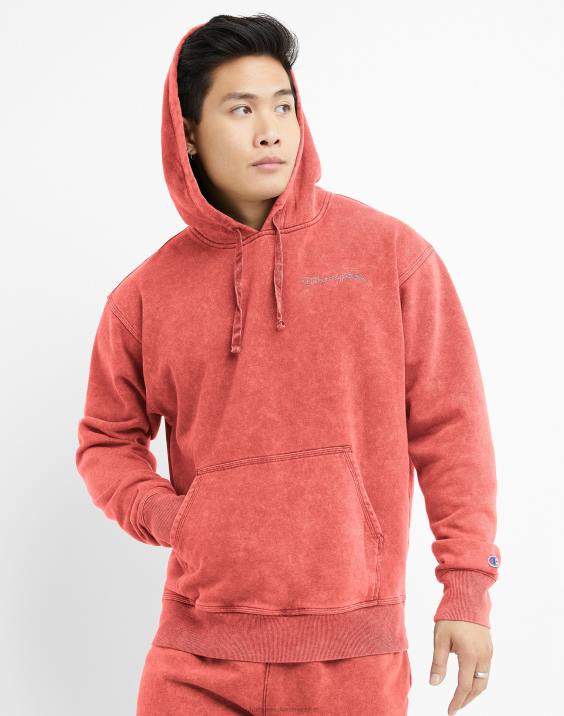 Champion moški pulover s kislinskim pranjem z valovitim logotipom 2B8446 kislinsko pranje sončno škrlatno