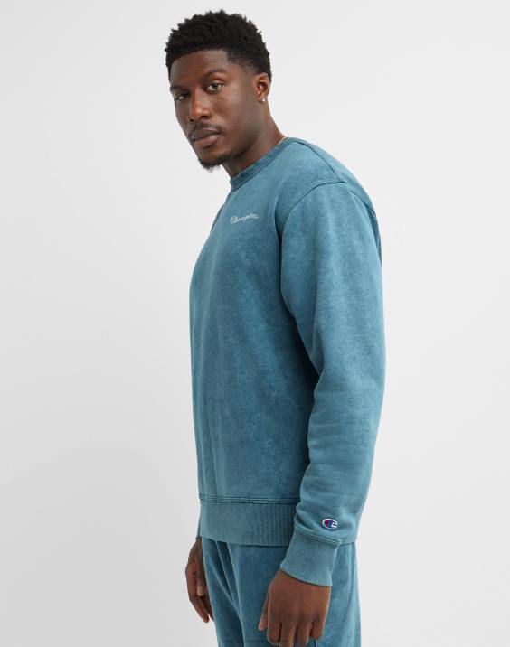 Champion moški pulover z kislinskim pranjem z valovitim logotipom 2B8447 kislo pranje čudovito turkizno