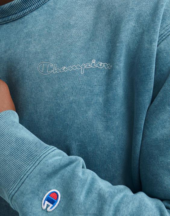 Champion moški pulover z kislinskim pranjem z valovitim logotipom 2B8447 kislo pranje čudovito turkizno
