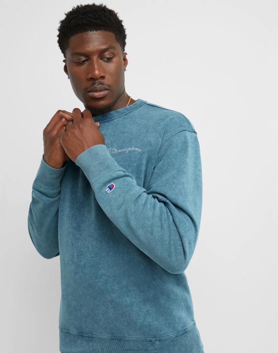 Champion moški pulover z kislinskim pranjem z valovitim logotipom 2B8447 kislo pranje čudovito turkizno