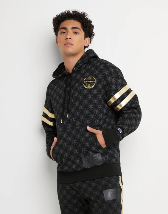 moški klasični pulover s kapuco iz flisa s potiskom po vsej površini s šampionskim grbom in oznako iz umetnega usnja 2B84133 c logotip povezave aop črna