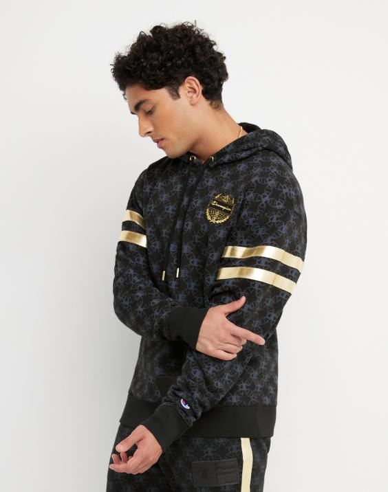 moški klasični pulover s kapuco iz flisa s potiskom po vsej površini s šampionskim grbom in oznako iz umetnega usnja 2B84133 c logotip povezave aop črna