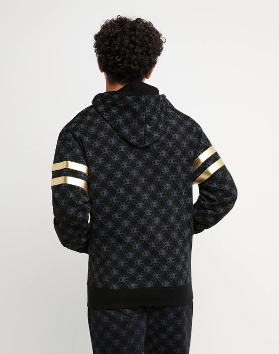 moški klasični pulover s kapuco iz flisa s potiskom po vsej površini s šampionskim grbom in oznako iz umetnega usnja 2B84133 c logotip povezave aop črna