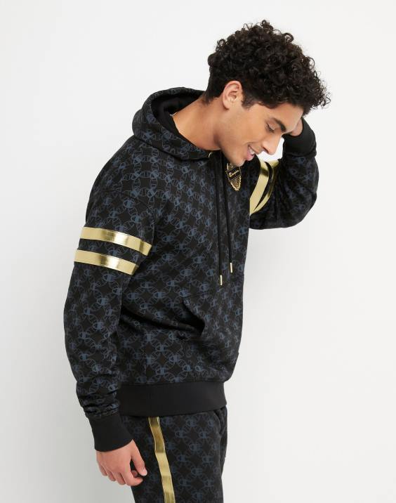 moški klasični pulover s kapuco iz flisa s potiskom po vsej površini s šampionskim grbom in oznako iz umetnega usnja 2B84133 c logotip povezave aop črna