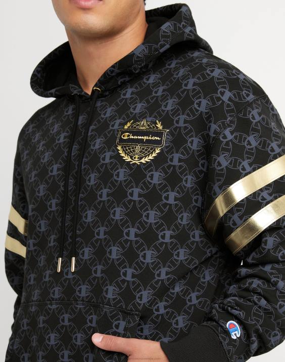 moški klasični pulover s kapuco iz flisa s potiskom po vsej površini s šampionskim grbom in oznako iz umetnega usnja 2B84133 c logotip povezave aop črna
