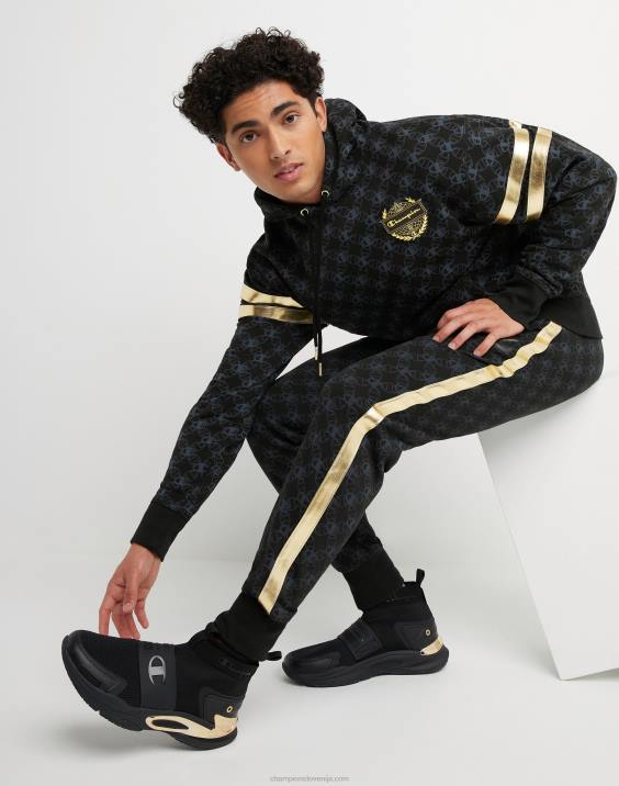 moški klasični pulover s kapuco iz flisa s potiskom po vsej površini s šampionskim grbom in oznako iz umetnega usnja 2B84133 c logotip povezave aop črna