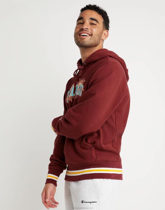 moški vrhunski pulover s kapuco v vzvratnem tkanju z izvezenimi listi 2B84127 kardinal