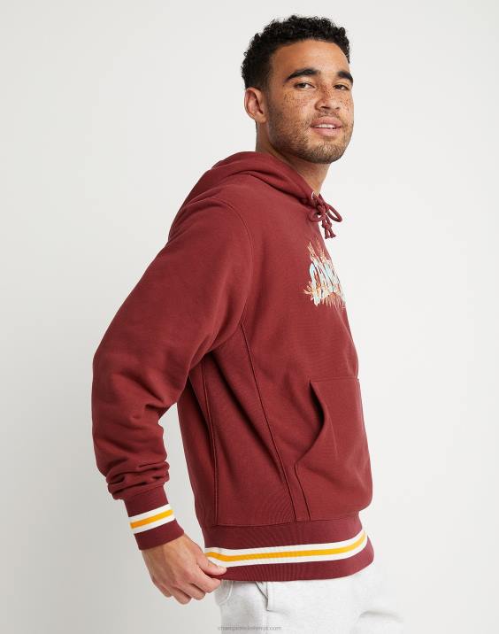 moški vrhunski pulover s kapuco v vzvratnem tkanju z izvezenimi listi 2B84127 kardinal