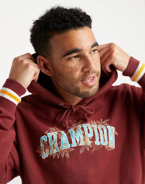 moški vrhunski pulover s kapuco v vzvratnem tkanju z izvezenimi listi 2B84127 kardinal