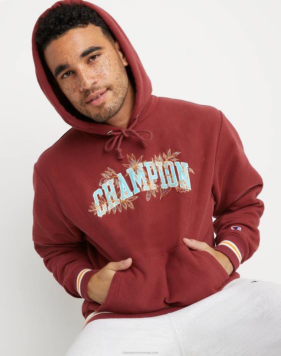 moški vrhunski pulover s kapuco v vzvratnem tkanju z izvezenimi listi 2B84127 kardinal