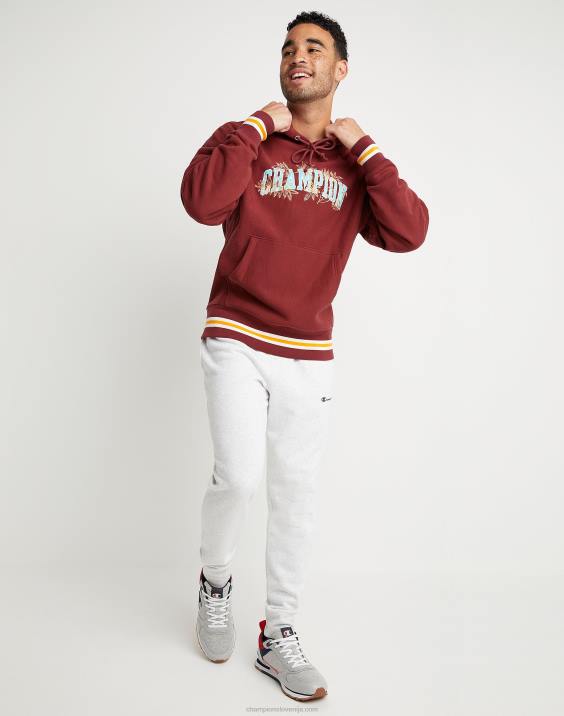 moški vrhunski pulover s kapuco v vzvratnem tkanju z izvezenimi listi 2B84127 kardinal