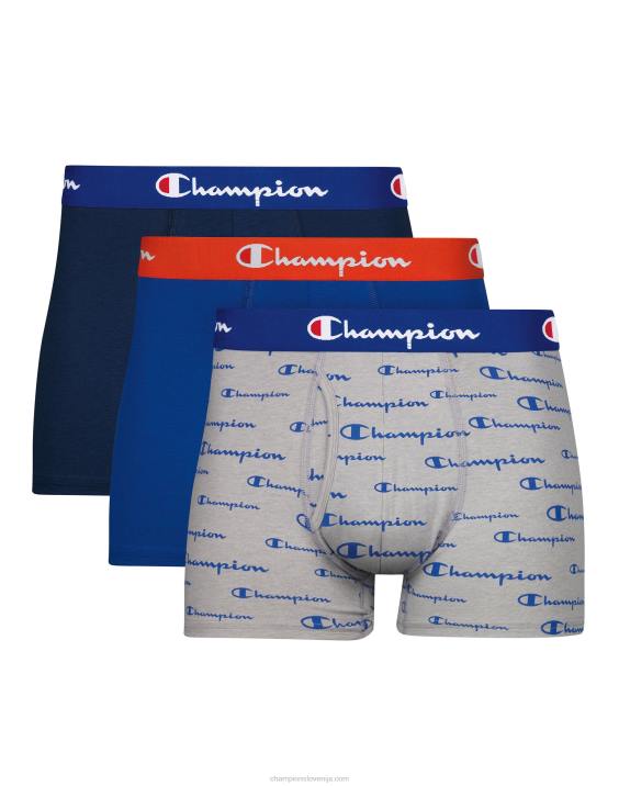 Champion moški paket za prtljažnike, raztegljiv bombaž, ki odvaja vlago, proti neprijetnim vonjavam, 3 paketi s pisnim tiskom 2B84680 siva/kraljevi logotip/oranžna/rdeča