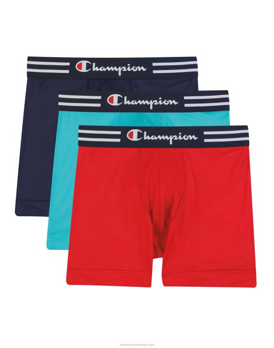 Champion moški paket zmogljivih boksaric poliester spandex, ki odvaja vlago in neprijeten vonj, 3 paketi mornarsko modra/teal/rdeča 2B84675