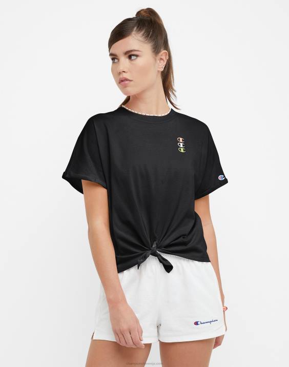 Champion ženske majica s kratkimi rokavi na zavezovanje spredaj, logotip trojni C 2B841355 Črna