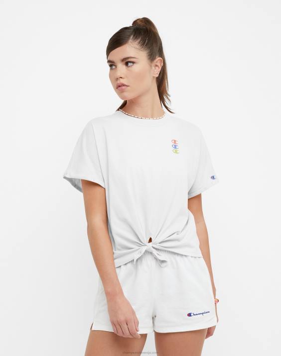 Champion ženske majica s kratkimi rokavi na zavezovanje spredaj, logotip trojni C 2B841356 bela