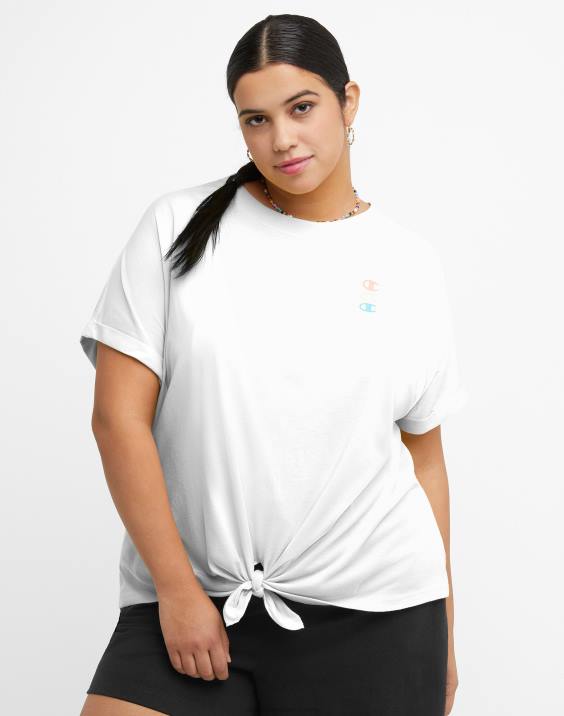 Champion ženske majica s kratkimi rokavi na zavezovanje spredaj, logotip trojni C (večja velikost) 2B841381 bela