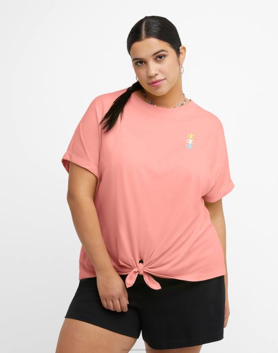 Champion ženske majica s kratkimi rokavi na zavezovanje spredaj, logotip trojni C (večja velikost) 2B841382 roza zvezda