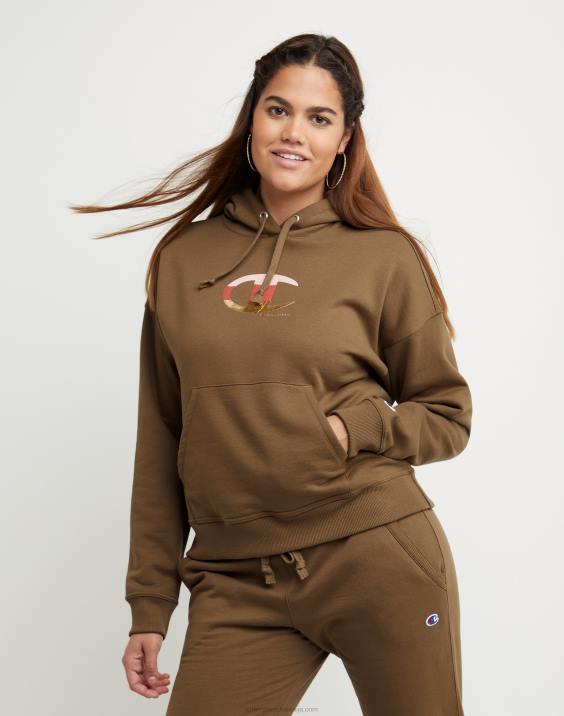 Champion ženske folija s kapuco iz flisa powerblend in barvni blok z logotipom c visoke gostote 2B841956 srednje rjava