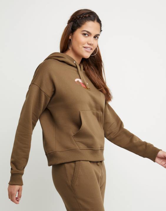 Champion ženske folija s kapuco iz flisa powerblend in barvni blok z logotipom c visoke gostote 2B841956 srednje rjava