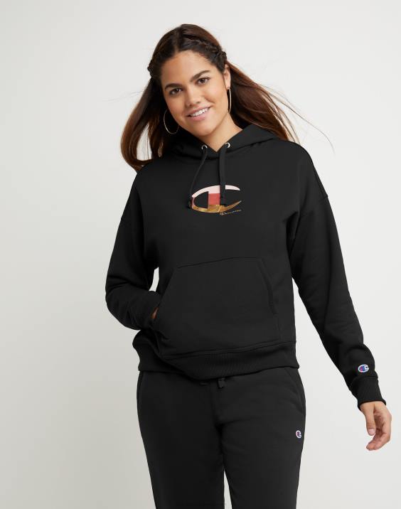 Champion ženske folija s kapuco iz flisa powerblend in barvni blok z logotipom c visoke gostote 2B841957 Črna
