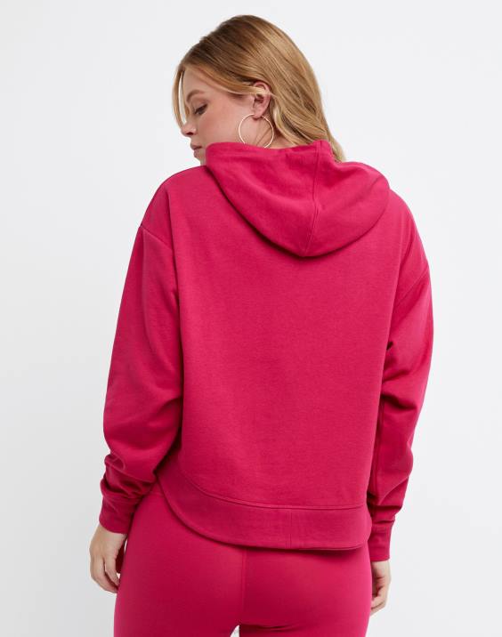 Champion ženske kampus francoski frotirni pulover s kapuco c logotipom 2B84972 jagodno rdečilo