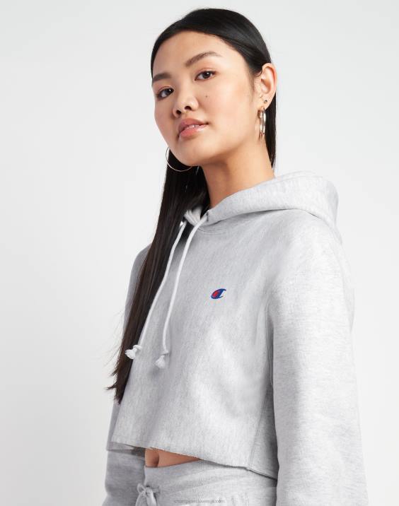 Champion ženske odrezan pulover s kapuco v vzvratnem tkanju z logotipom c 2B841043 srebrno siva