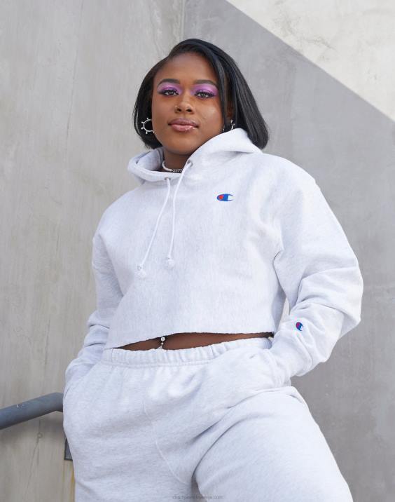 Champion ženske odrezan pulover s kapuco v vzvratnem tkanju z logotipom c 2B841043 srebrno siva