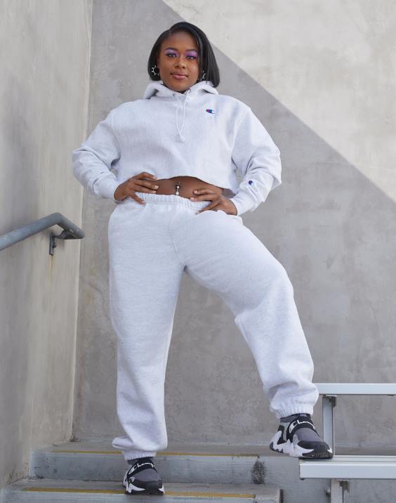 Champion ženske odrezan pulover s kapuco v vzvratnem tkanju z logotipom c 2B841043 srebrno siva