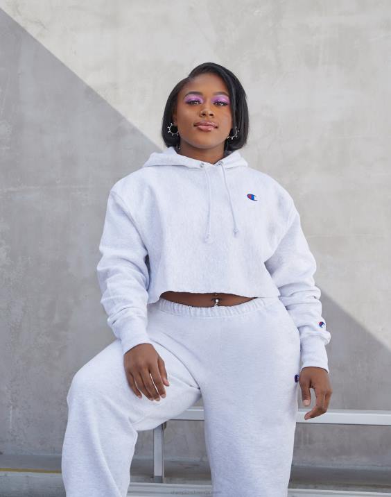 Champion ženske odrezan pulover s kapuco v vzvratnem tkanju z logotipom c 2B841043 srebrno siva