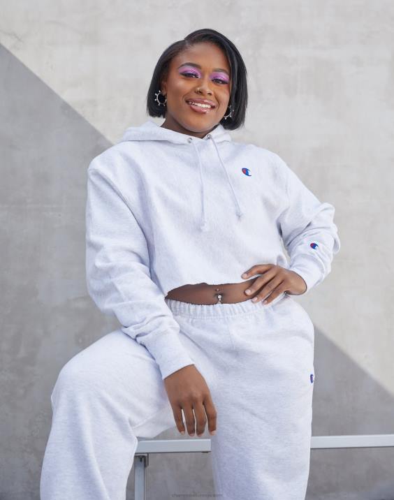 Champion ženske odrezan pulover s kapuco v vzvratnem tkanju z logotipom c 2B841043 srebrno siva