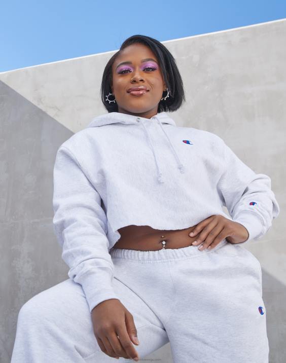 Champion ženske odrezan pulover s kapuco v vzvratnem tkanju z logotipom c 2B841043 srebrno siva