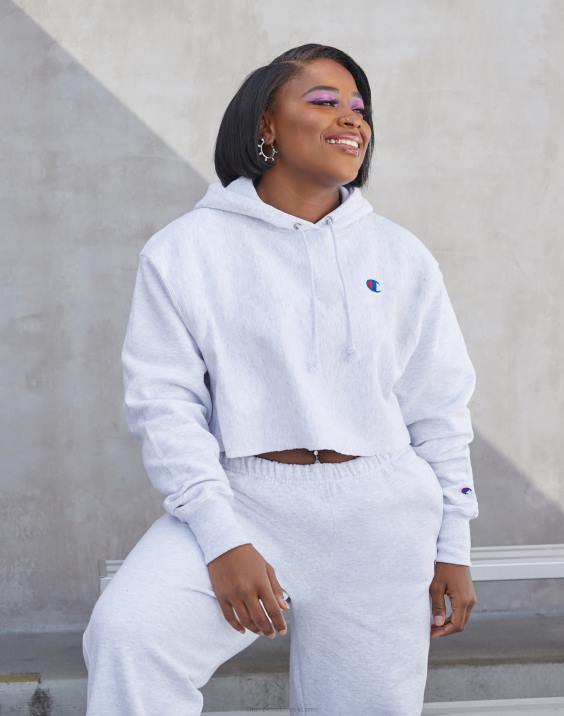 Champion ženske odrezan pulover s kapuco v vzvratnem tkanju z logotipom c 2B841043 srebrno siva