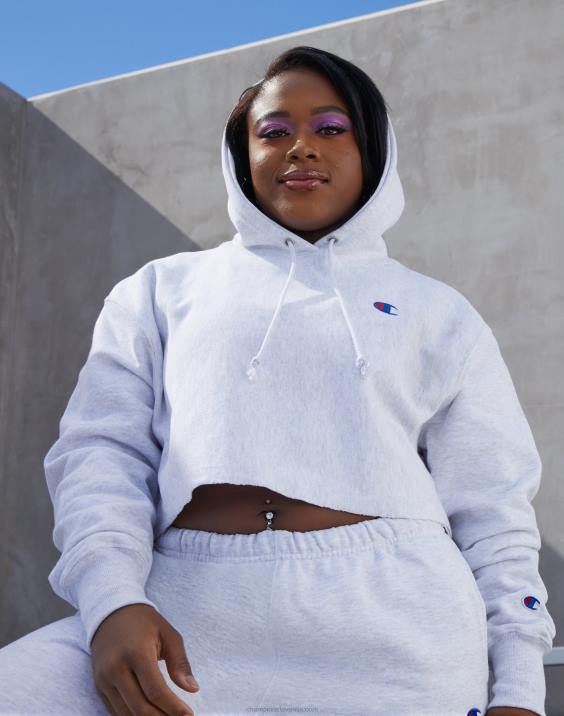 Champion ženske odrezan pulover s kapuco v vzvratnem tkanju z logotipom c 2B841043 srebrno siva